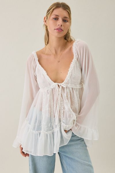 Kimchi Blue Kimchi Blue Belle Ruffle Chiffon Long Sleeve Tunic Top in White, Women's at Urban Outfitters