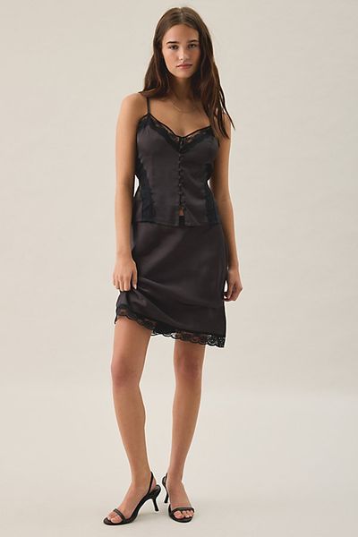 Kimchi Blue Kimchi Blue Candace Lace Trim Satin Knee-Length Skirt in Black, Women's at Urban Outfitters
