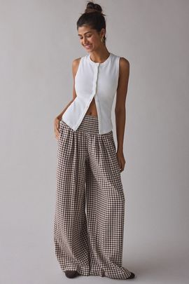 Kimchi Blue Kimchi Blue Caroline Smocked Wide Leg Linen-Blend Pant in Dinner Food, Women's at Urban Outfitters