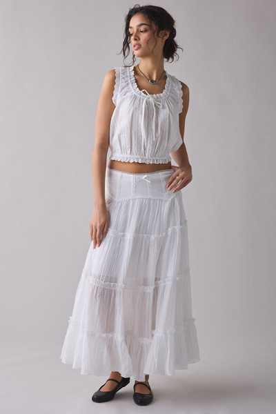 スカート rurumu:Center of the temple sheer Skirt Kimchi Blue - Charlie Lace Trim Semi-Sheer Tiered Maxi Skirt in