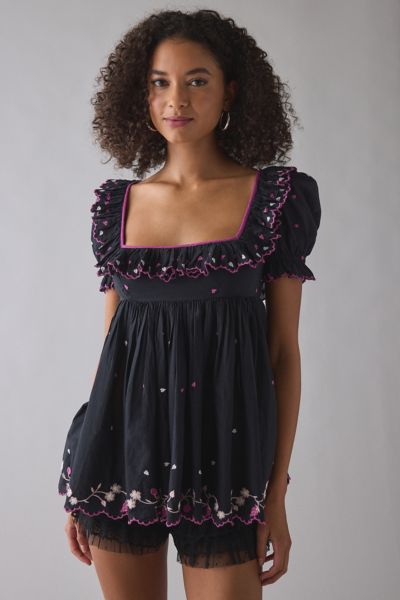 Kimchi Blue - Clara Embroidered Puff Sleeve Babydoll Tunic Top in