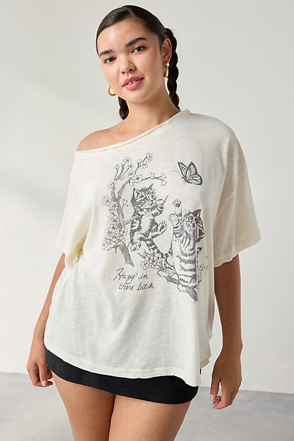 Kimchi Blue - Courtney Cat Graphic Off-The-Shoulder Oversized Tee