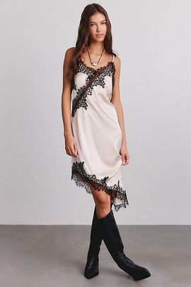 Kimchi Blue Kimchi Blue Cross My Heart Asymmetric Lace Trim Satin Midi Dress in Black, Women's at Urban Outfitters