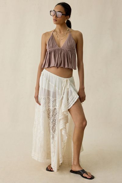 Kimchi Blue Kimchi Blue Crush On You Sheer Lace Trim Asymmetric Ruffle Maxi Skirt in White, Women's at Urban Outfitters