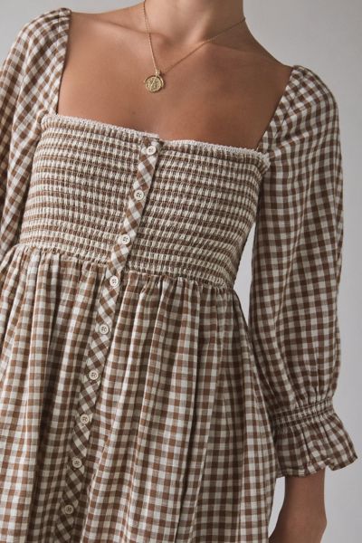 urban outfitters brown gingham dress ABLE Gingham Nico Swing Dress Linen Button Down Babydoll 100% Cotton
