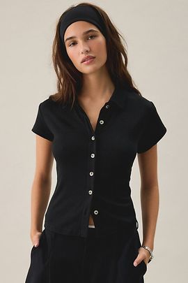 Kimchi Blue Kimchi Blue Dakota Pointelle Knit Short Sleeve Polo Top in Black, Women's at Urban Outfitters