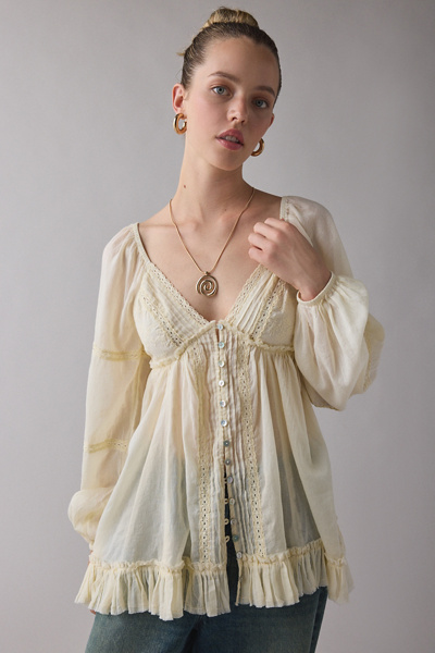 Kimchi Blue - Delphine Lace Trim Long Sleeve Babydoll Tunic Top in