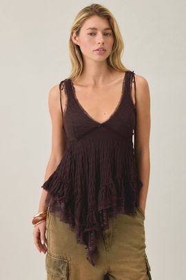 Kimchi Blue Kimchi Blue Elena Asymmetric Ruffle Lace Trim Cami in Brown, Women's at Urban Outfitters