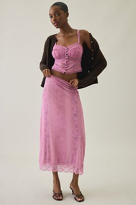 Kimchi Blue Kimchi Blue Fan Favorite Lace Trim Mesh Midi Skirt 2-Piece Set in Maroon, Women's at Urban Outfitters