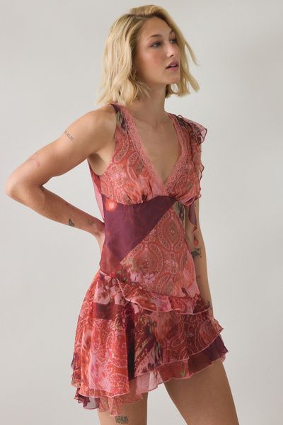 Kimchi Blue Kimchi Blue Jenni Asymmetric Ruffle Lace Trim Mini Dress in Pink, Women's at Urban Outfitters