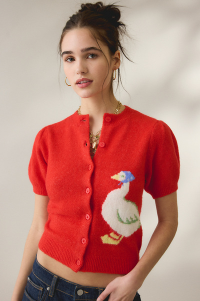 Kimchi Blue - Kate Goose Motif Puff Short Sleeve Cardigan in Red