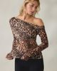 Kimchi Blue Kimchi Blue Kay Sheer Mesh Asymmetric Off-The-Shoulder Long Sleeve Top in Brown, Women's at Urban Outfitters - 1