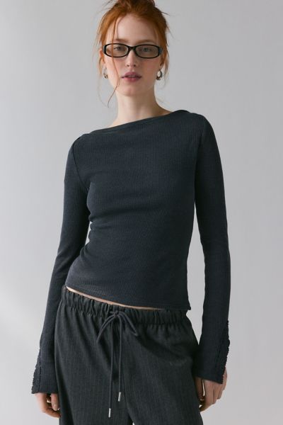 Kimchi Blue - Lola Lace Trim Boatneck Long Sleeve Top in Black