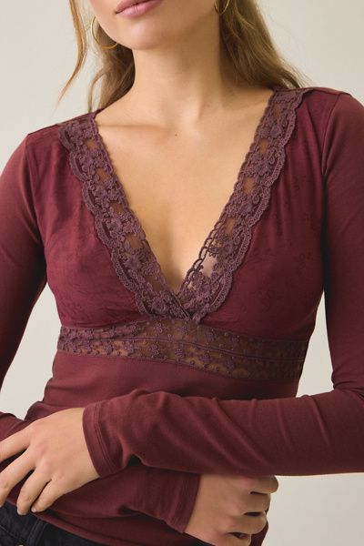 Kimchi Blue Kimchi Blue Mary Long Sleeve Lace Trim V-Neck Top in Red, Women's at Urban Outfitters