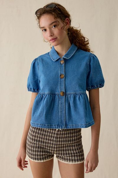 Kimchi Blue Kimchi Blue Matilda Short Sleeve Peplum Denim Jacket in Pale Blue, Women's at Urban Outfitters