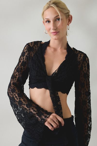 Kimchi Blue Kimchi Blue Nicki Sheer Lace Tie-Front Bell Sleeve Shrug in Black, Women's at Urban Outfitters