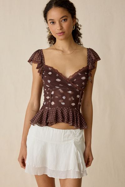 Kimchi Blue Kimchi Blue Night Bloom Flutter Sleeve Peplum Blouse in Brown, Women's at Urban Outfitters