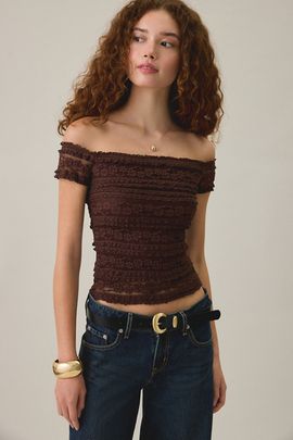 Kimchi Blue Kimchi Blue Noa Stretch Lace Off-The-Shoulder Top in Brown, Women's at Urban Outfitters