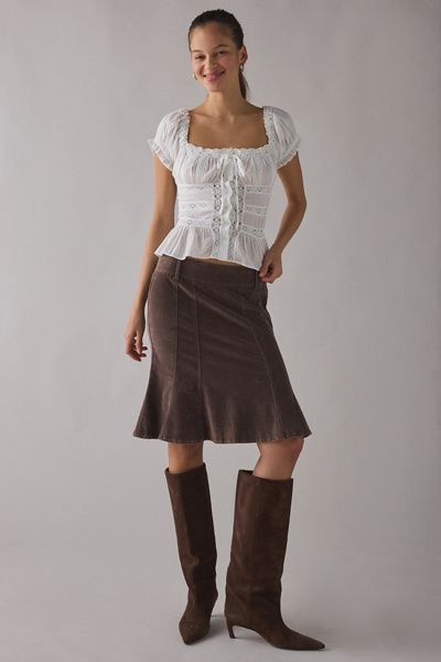 Kimchi Blue Nora Lace Trim Puff Sleeve Button-Up Blouse In White