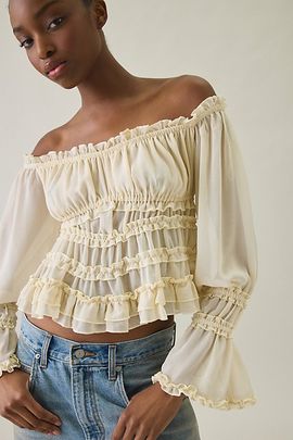 Kimchi Blue Kimchi Blue Radiant Romantic Ruffle Long Sleeve Off-The-Shoulder Top in Red, Women's at Urban Outfitters