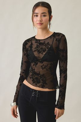 Kimchi Blue Kimchi Blue Raya Sheer Floral Burnout Mesh Long Sleeve Top in Black, Women's at Urban Outfitters