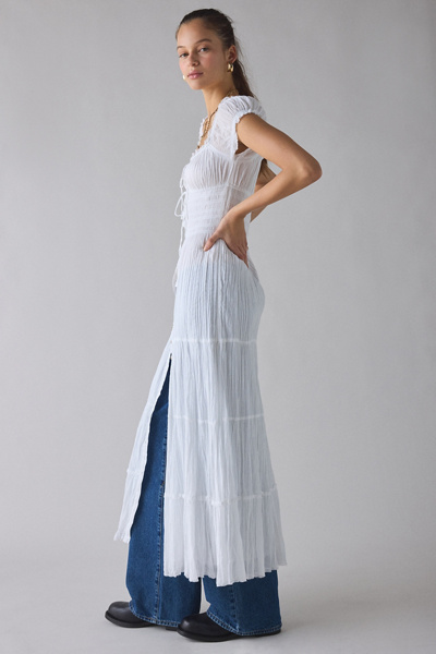 white dress with blue trim Puff Sleeve Gingham Dress main image 0