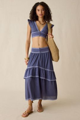 Kimchi Blue Kimchi Blue Seaside Splash Ruffle Lace Trim Midi Skirt 2-Piece Set in Navy, Women's at Urban Outfitters