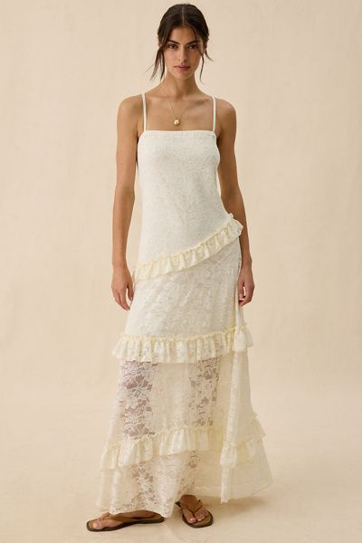 Kimchi Blue Kimchi Blue Stardust Petals Asymmetric Ruffle Lace Maxi Dress in Ivory, Women's at Urban Outfitters