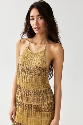 Kimchi Blue Kimchi Blue Stargirl Beaded Fringe Halter Top in Gold, Women's at Urban Outfitters