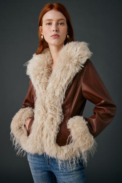 【x.yu___*.ぷろふ必読♡様 】BUCKINGHAM JACKET Kimchi Blue - Tiffany Faux Leather + Faux Fur Trim Jacket in Brown