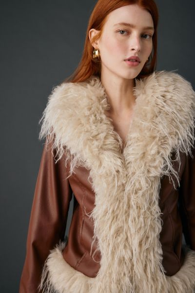 Kimchi Blue - Tiffany Faux Leather + Faux Fur Trim Jacket in Brown