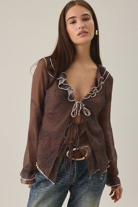 Kimchi Blue Kimchi Blue Willa Waterfall Ruffle Tie-Front Bell Sleeve Blouse in Purple, Women's at Urban Outfitters