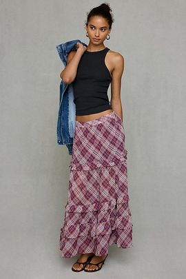 Kimchi Blue Kimchi Blue Yasmin Plaid Tiered Maxi Skirt in Purple, Women's at Urban Outfitters