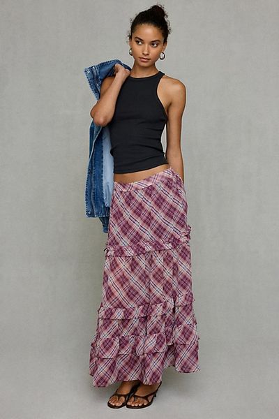 Kimchi Blue Kimchi Blue Yasmin Plaid Tiered Maxi Skirt in Purple, Women's at Urban Outfitters