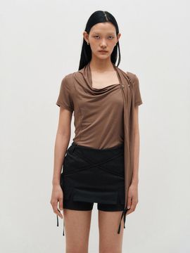 KIMZISU Cowl Neck Scarf T-Shirt [BROWN]