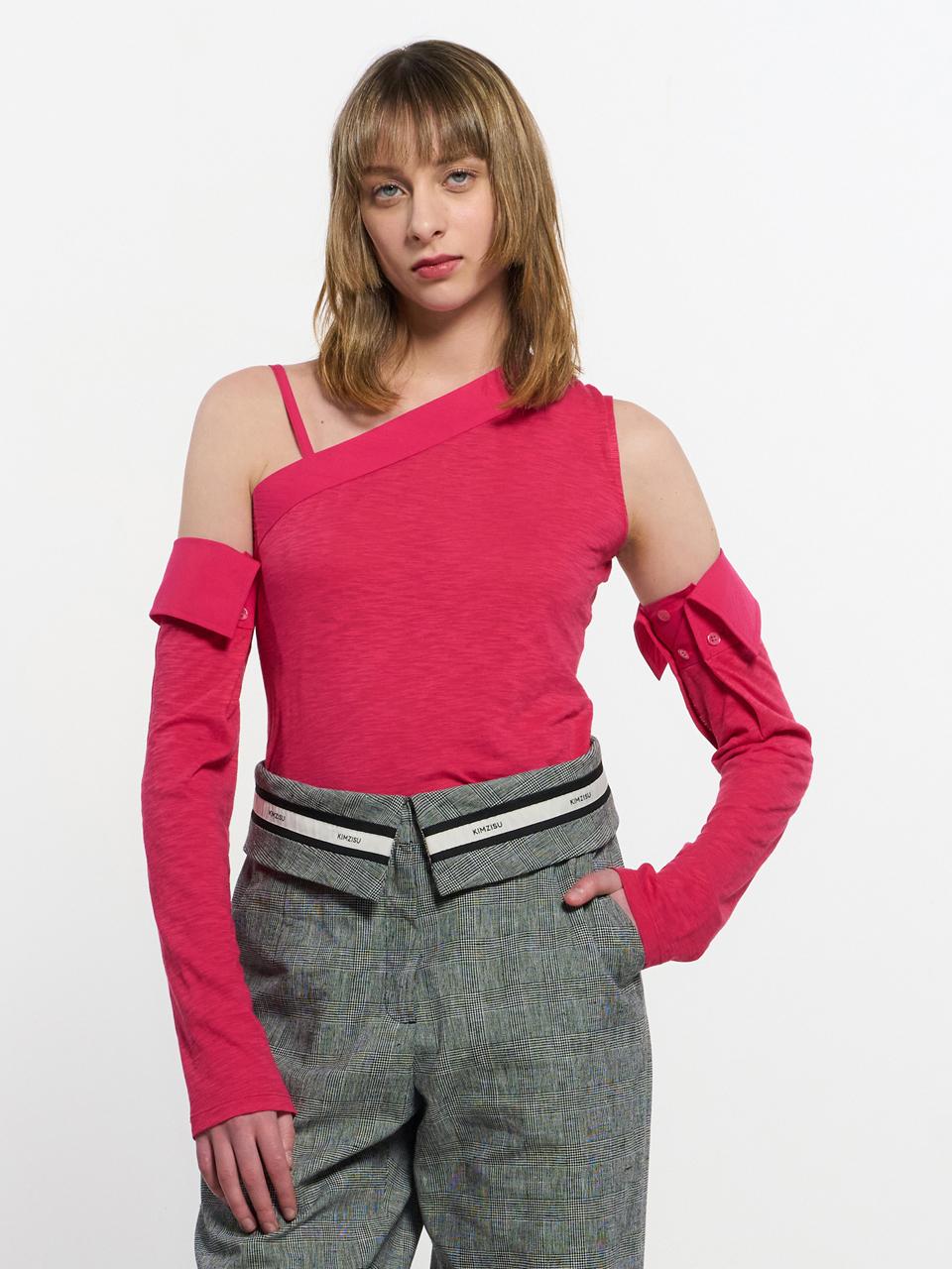 KIMZISU Detachable Sleeve One Shoulder Top _ Pink