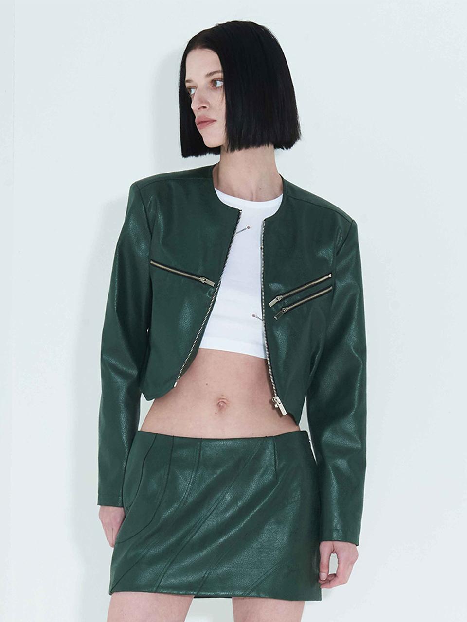 KIMZISU Faux-Leather Cropped Zip-Up Jacket _ Green