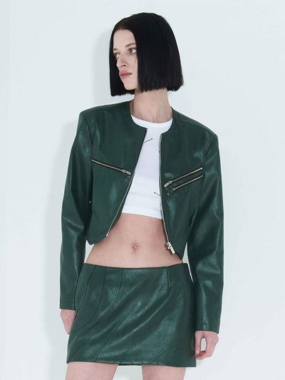 KIMZISU Faux-Leather Cropped Zip-Up Jacket _ Green