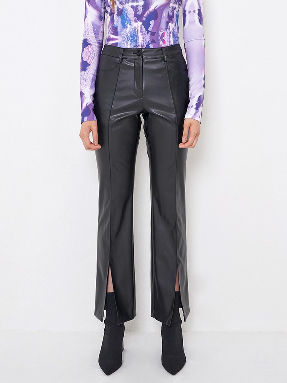KIMZISU Faux-Leather Slit Trousers _ Black