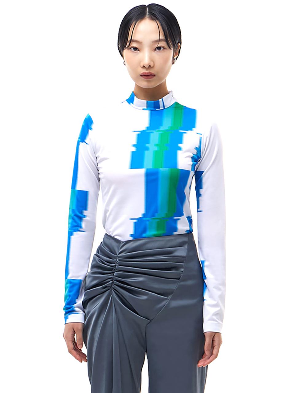 KIMZISU Glitch Print Mock Neck T-Shirt _ Blue