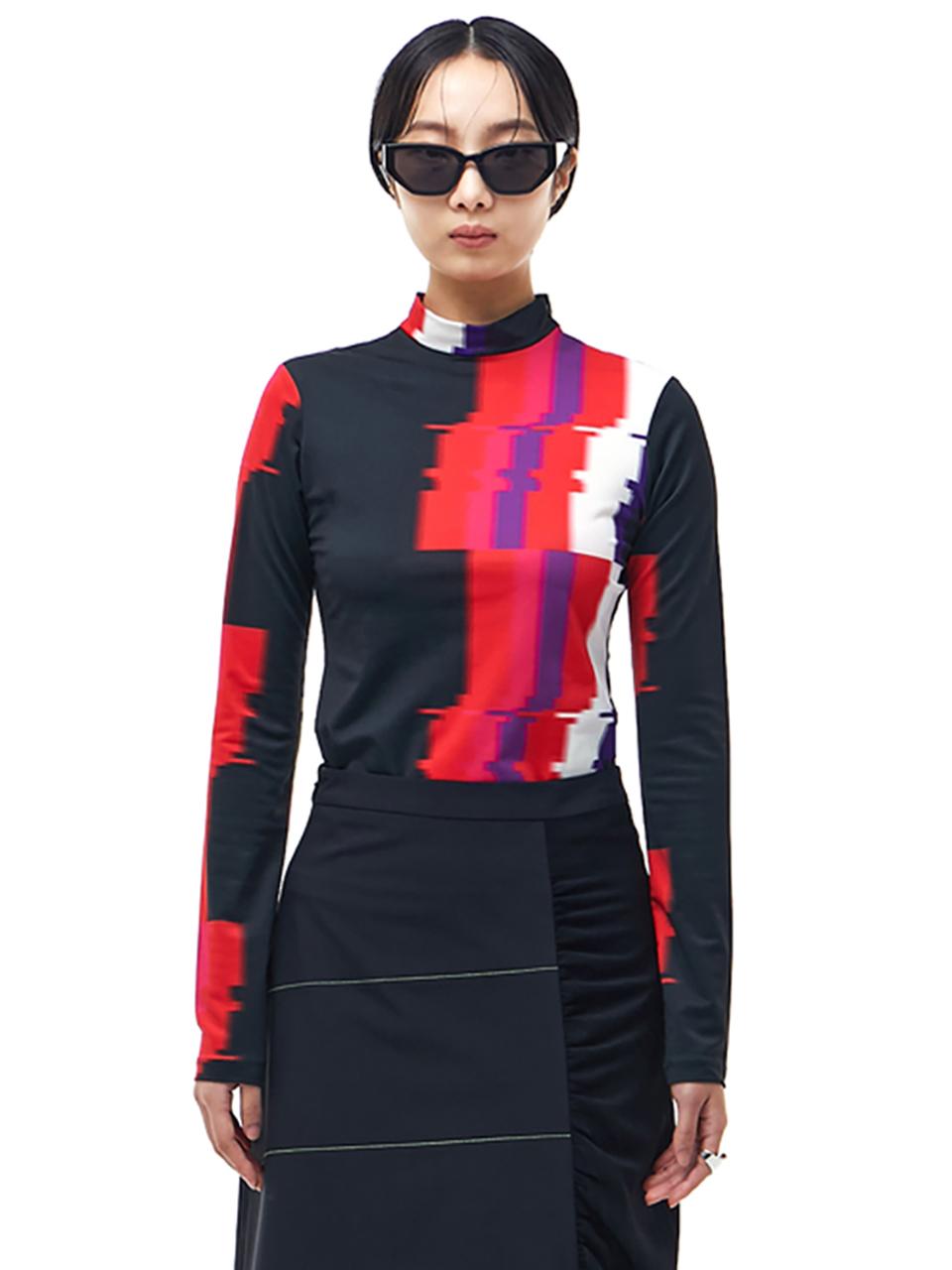 KIMZISU Glitch Print Mock Neck T-Shirt_Red