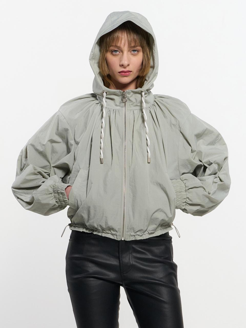 KIMZISU Neck Shirring Hooded Windbreaker _ Grey