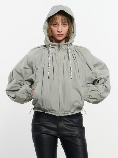 KIMZISU Neck Shirring Hooded Windbreaker _ Grey
