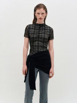 KIMZISU Plaid Smocking T-Shirt [BLACK]