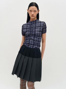 KIMZISU Plaid Smocking T-Shirt [PURPLE]