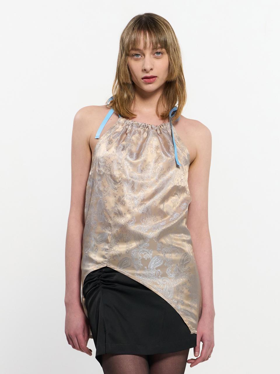 KIMZISU Two Tone Ribbon Paisely Halter-neck Top _ Beige