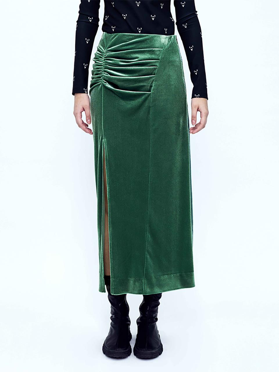 KIMZISU Velvet Draped Slit Long Skirt _ Green