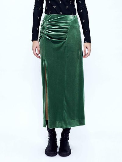 KIMZISU Velvet Draped Slit Long Skirt _ Green