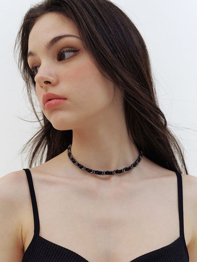 KINDABABY Black Silver Leather Chain Choker