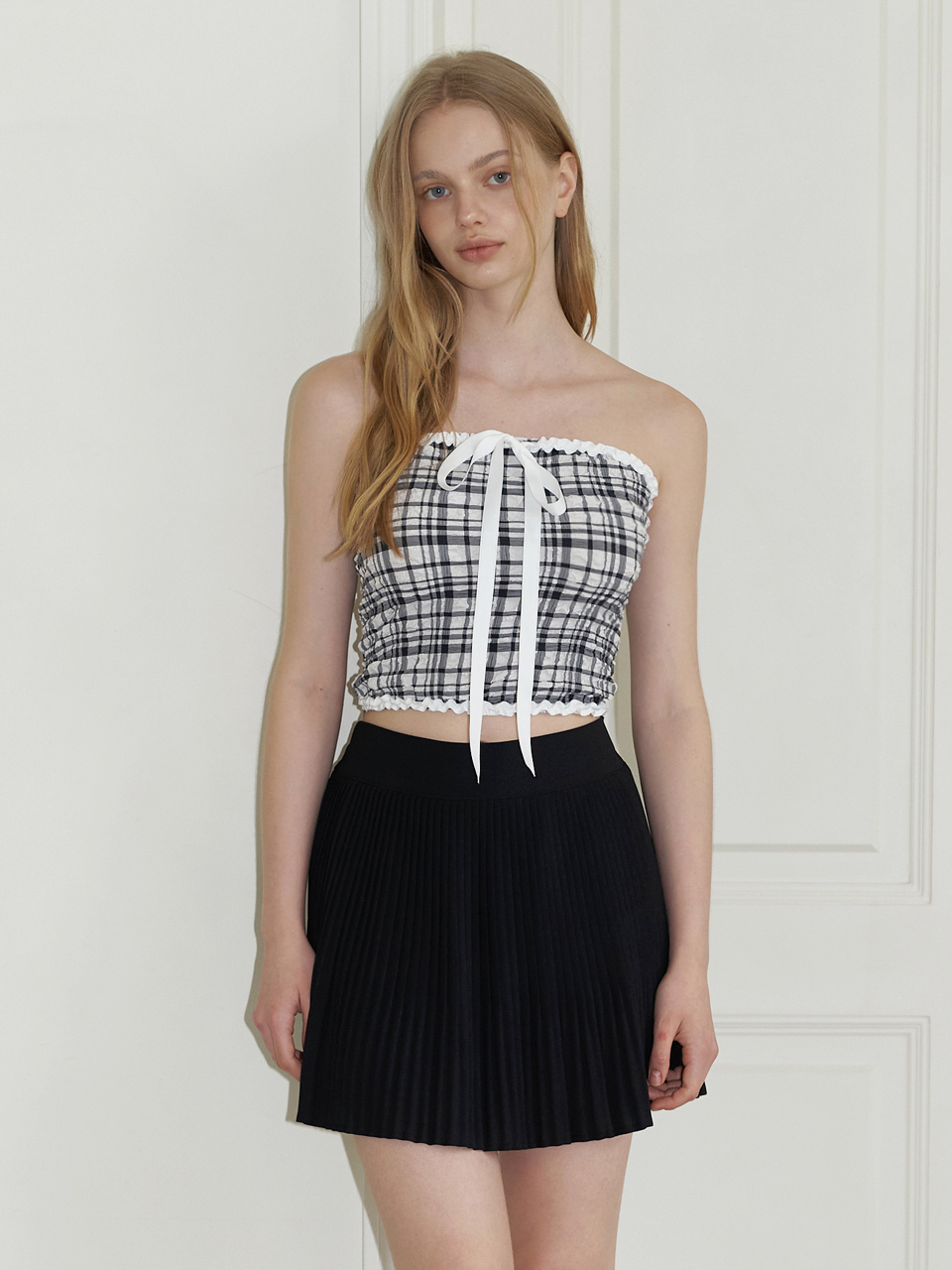 KINDABABY Ribbon Check Tube Top Blouse_Black